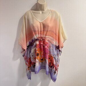 Vintage Y2K Lane Bryant Kimono Shirt 14 / 16 Swim Cover Beach Sunset Beaded